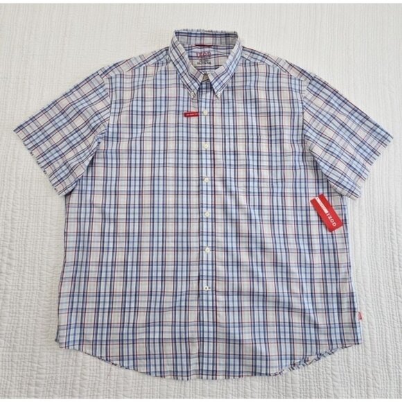 Izod Shirt Men's XXL Red, White & Blue Plaid Saltwater Poplin NWT Short Sleeve - Picture 1 of 16